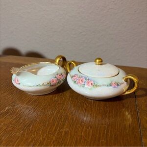Antique Royal Austria O&EG Pink Roses Sugar And Creamer Set Iridescent Signed